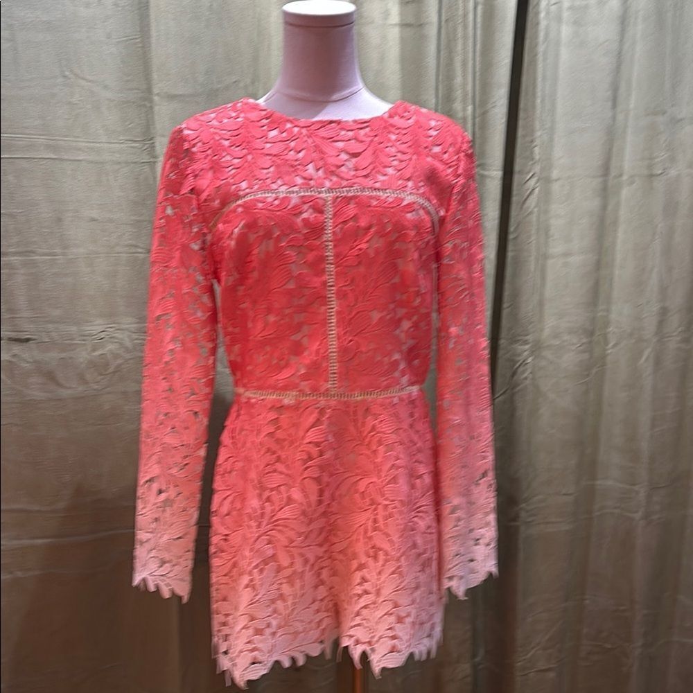 Adelyn Rae lace Coral ombre Lace Long Sleeve romper, L